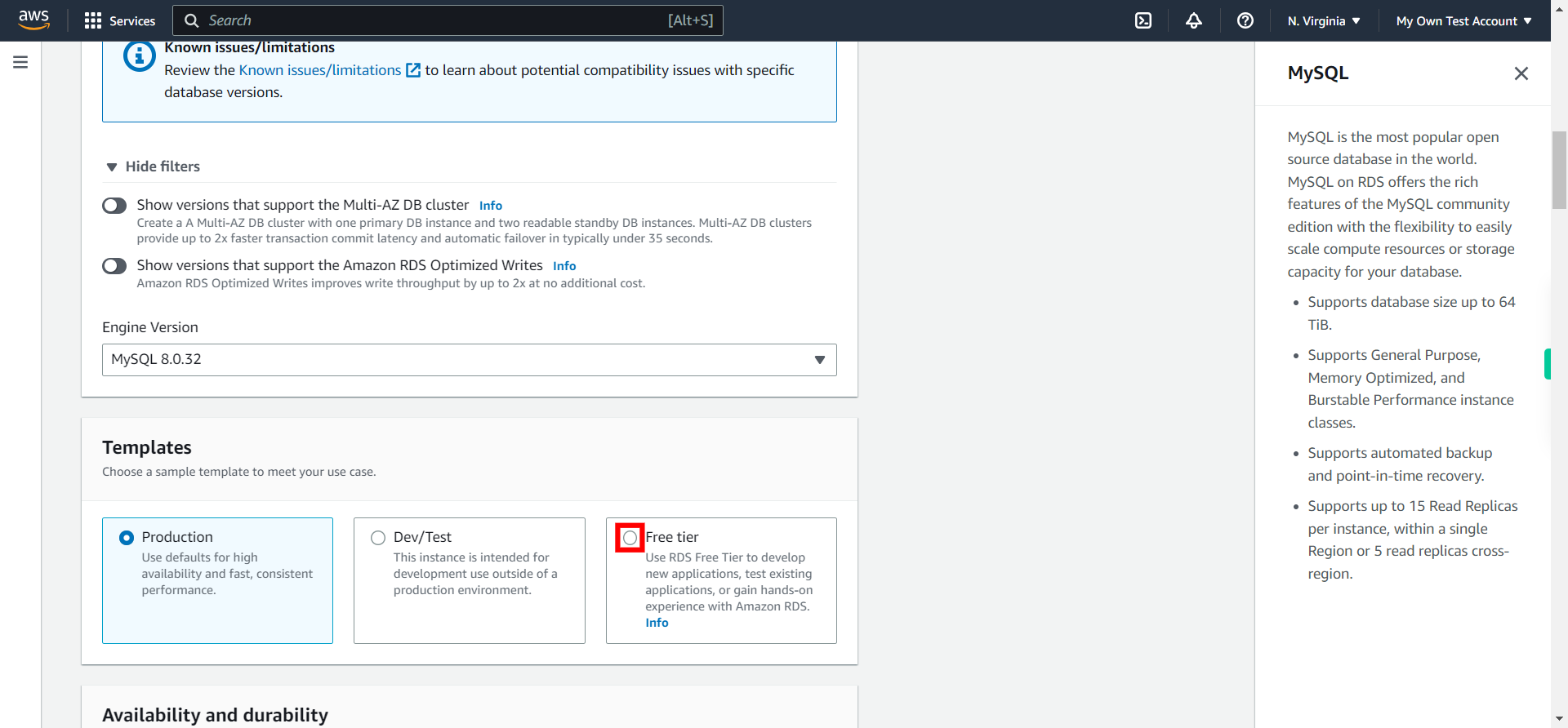 Create database - RDS Management Console