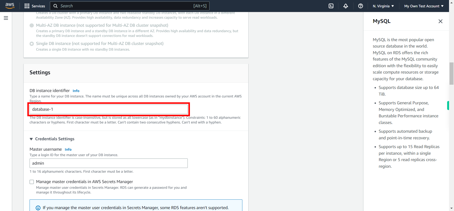 Create database - RDS Management Console