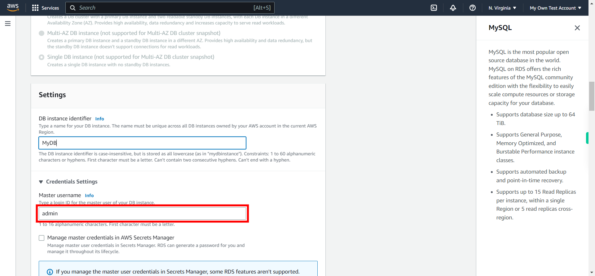 Create database - RDS Management Console