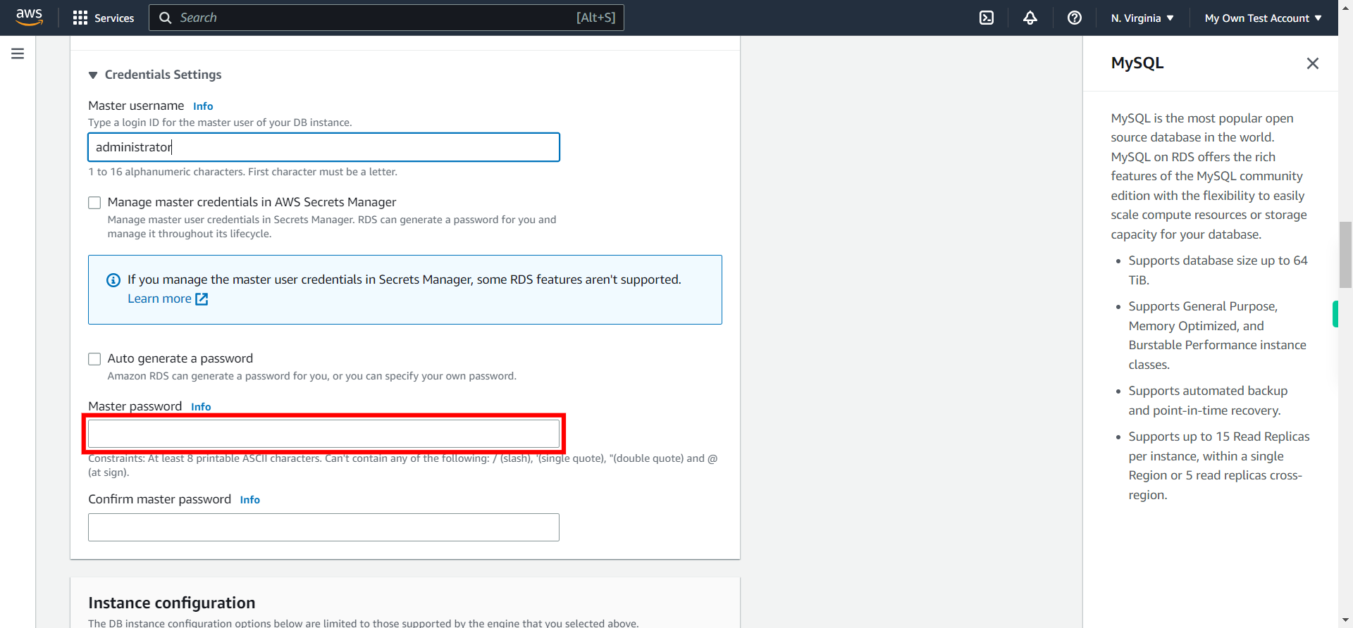 Create database - RDS Management Console