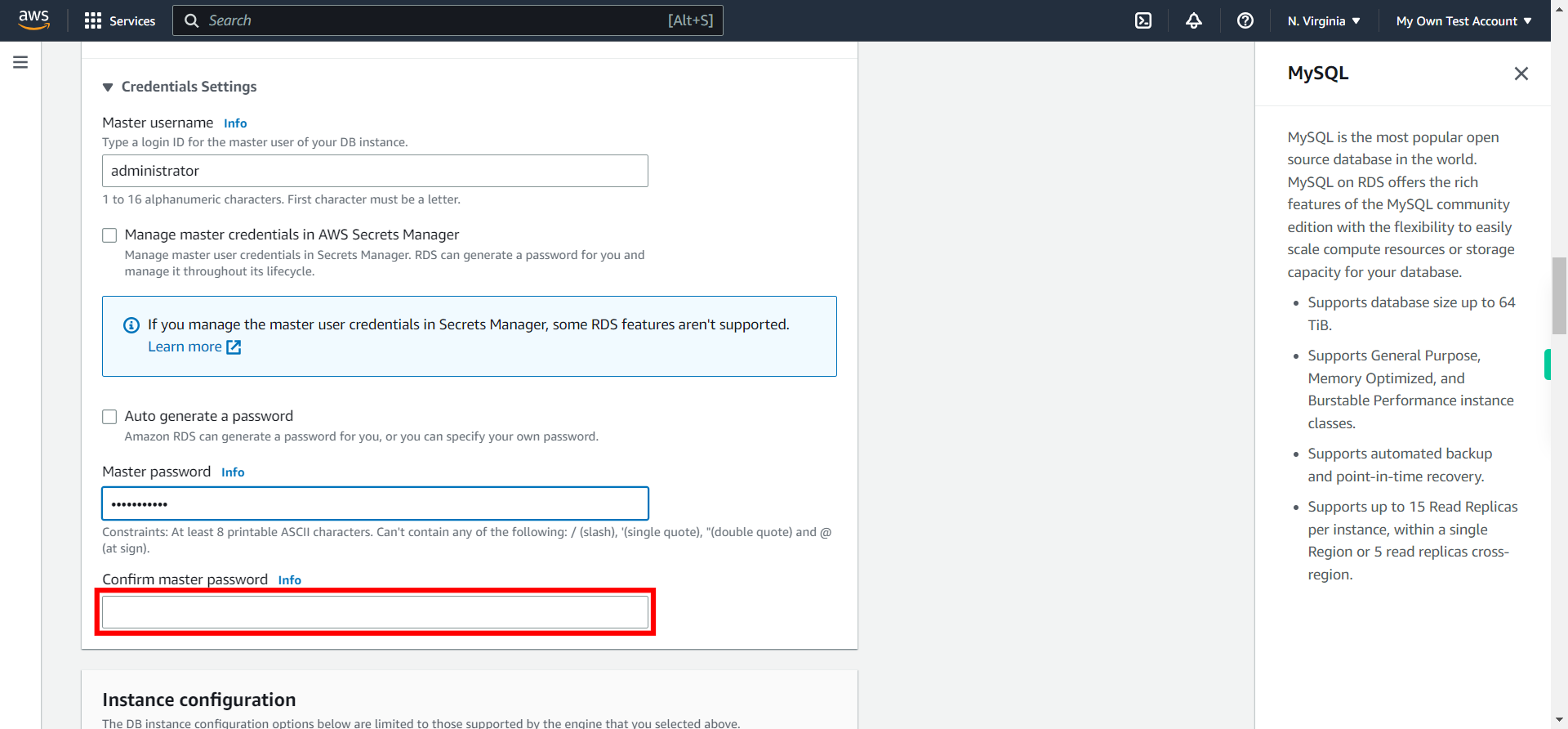 Create database - RDS Management Console