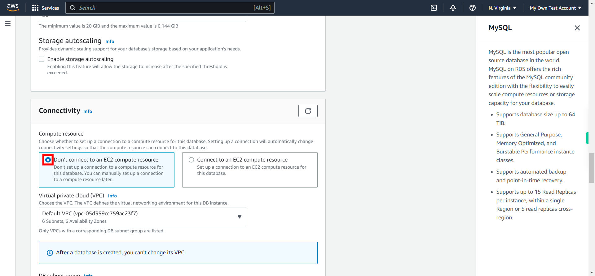 Create database - RDS Management Console