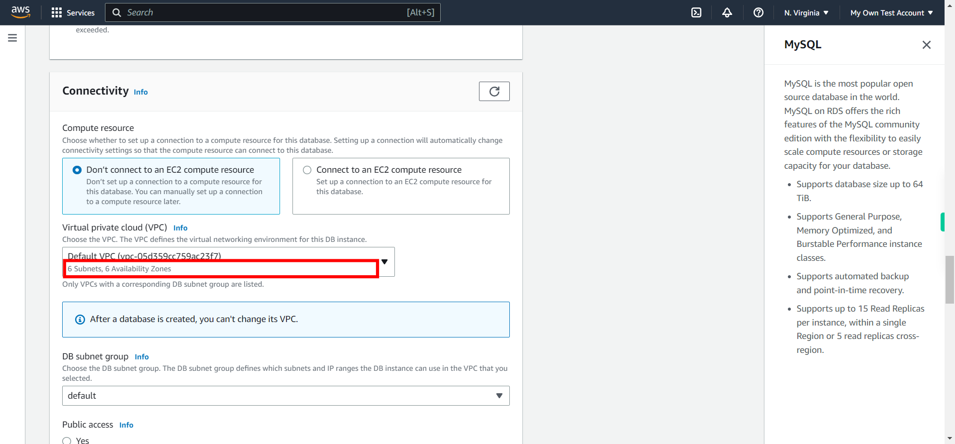 Create database - RDS Management Console