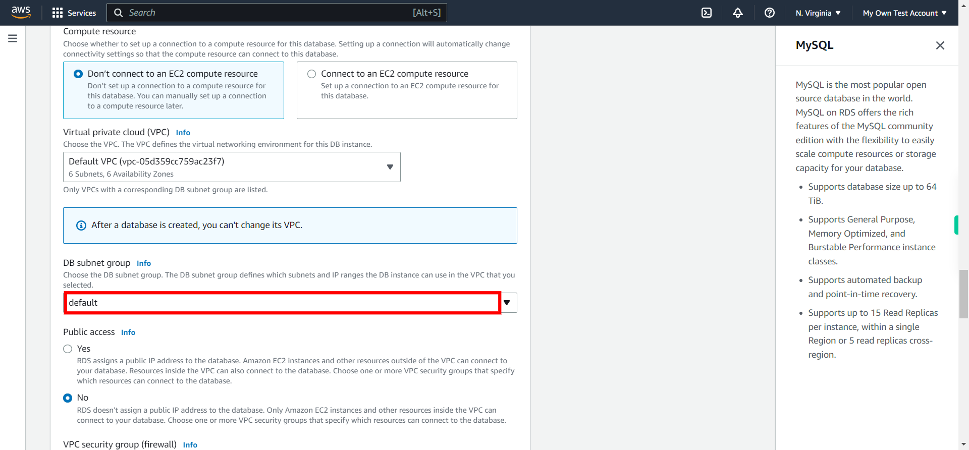 Create database - RDS Management Console