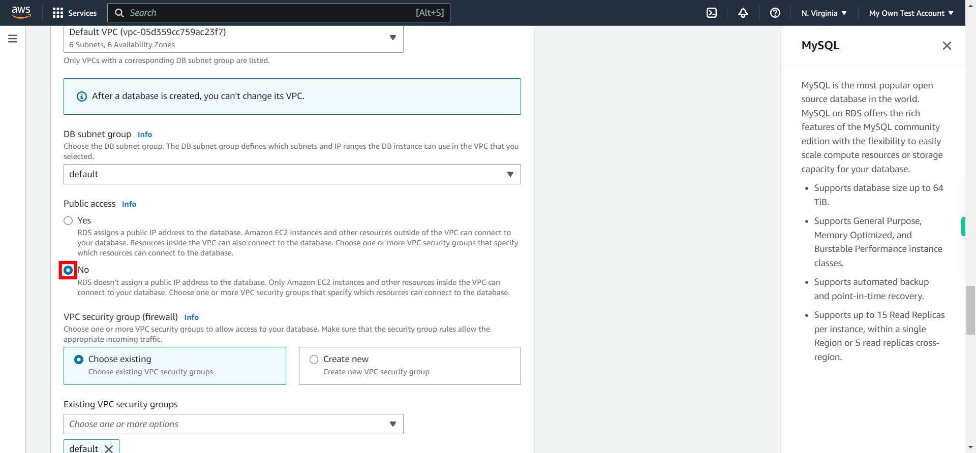 Create database - RDS Management Console