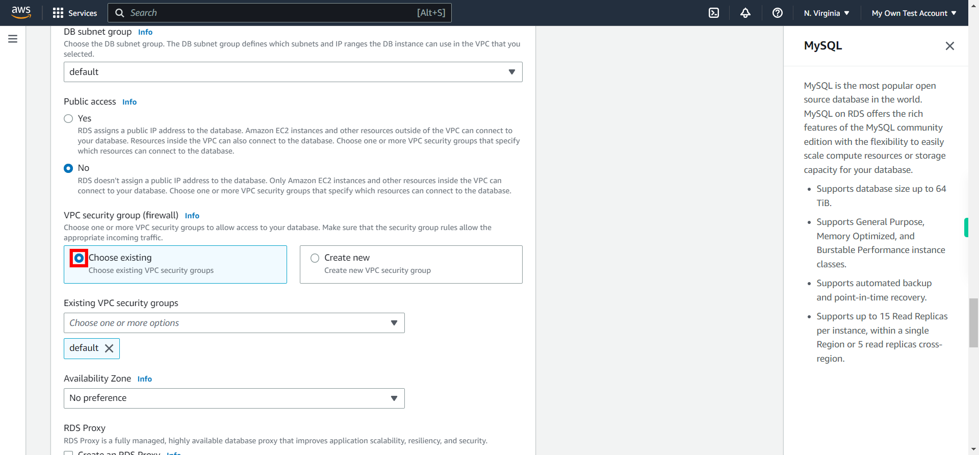 Create database - RDS Management Console