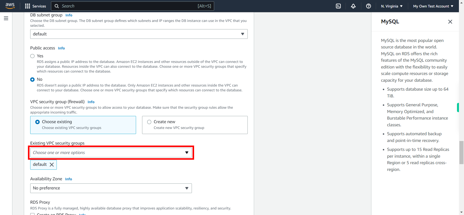 Create database - RDS Management Console