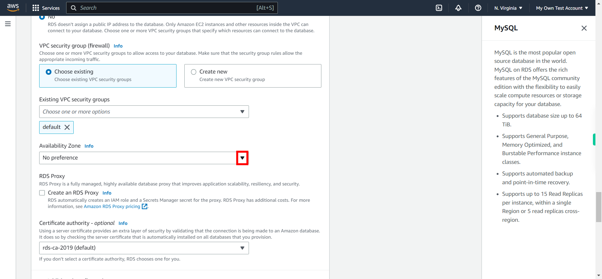 Create database - RDS Management Console