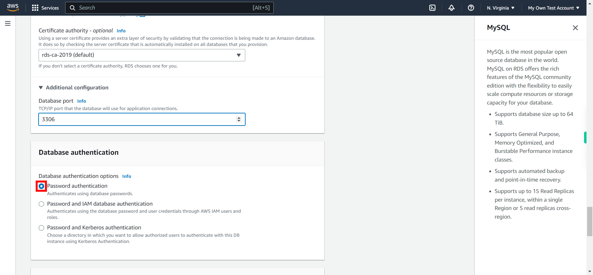 Create database - RDS Management Console