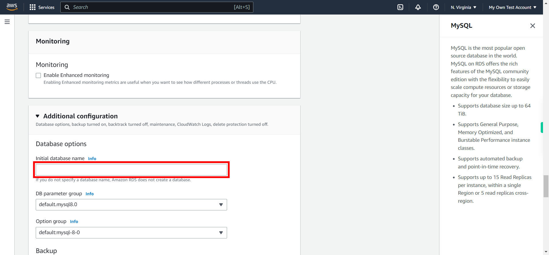 Create database - RDS Management Console