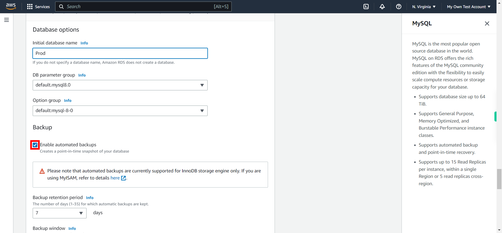 Create database - RDS Management Console