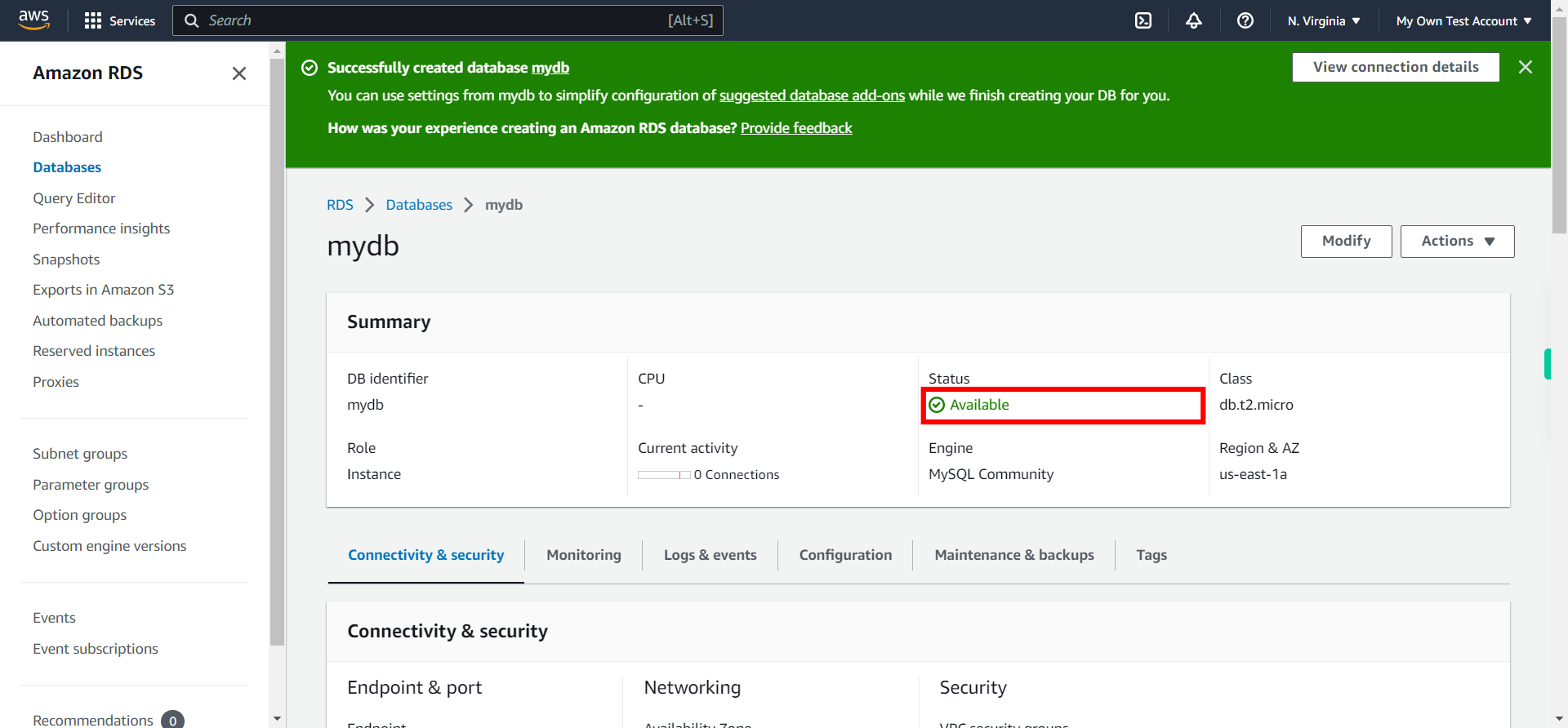 Database Details - RDS Management Console