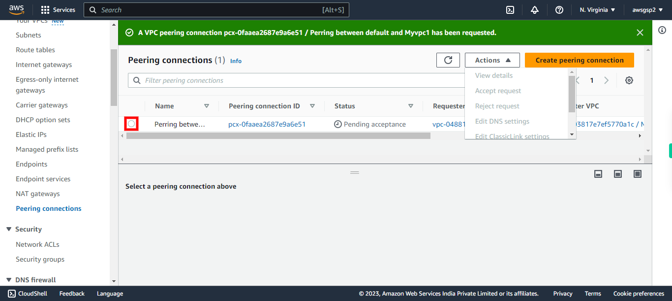 Peering connections | VPC Management Console