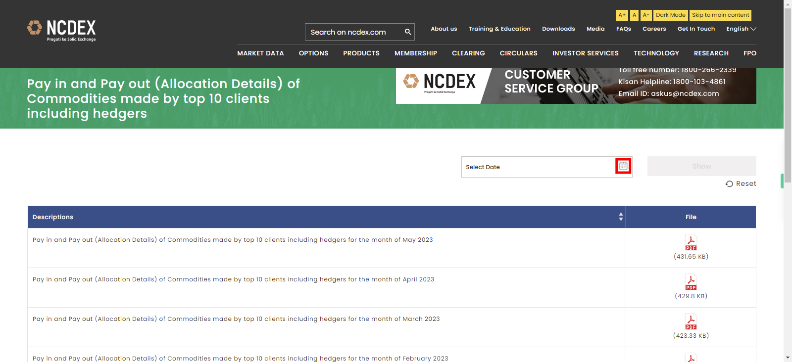 Pay in and Pay out (Allocation Details) of Commodities made by top 10 clients including hedgers | NCDEX.com