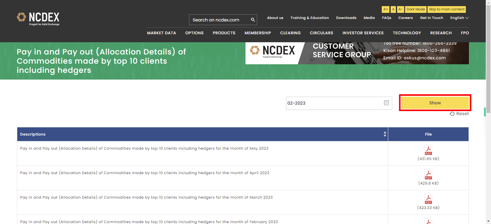 Pay in and Pay out (Allocation Details) of Commodities made by top 10 clients including hedgers | NCDEX.com