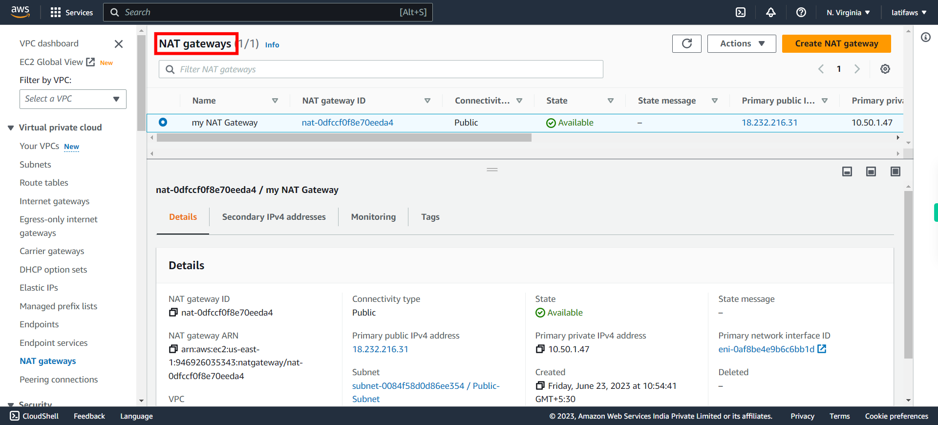 NAT gateways | VPC Management Console