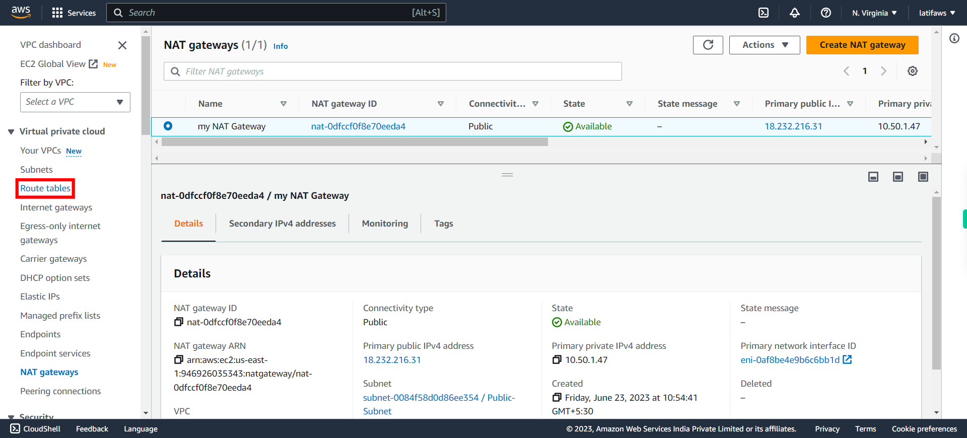 NAT gateways | VPC Management Console