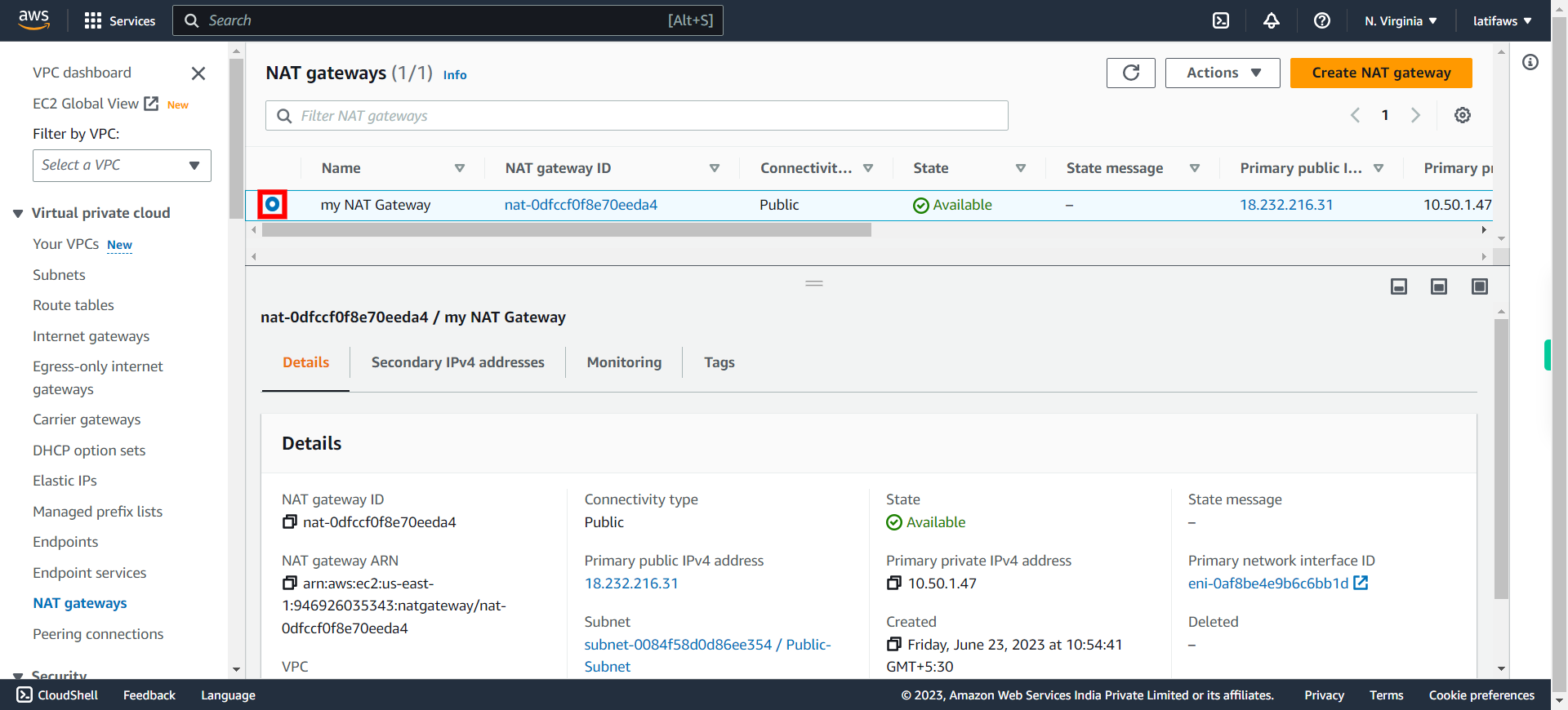 NAT gateways | VPC Management Console