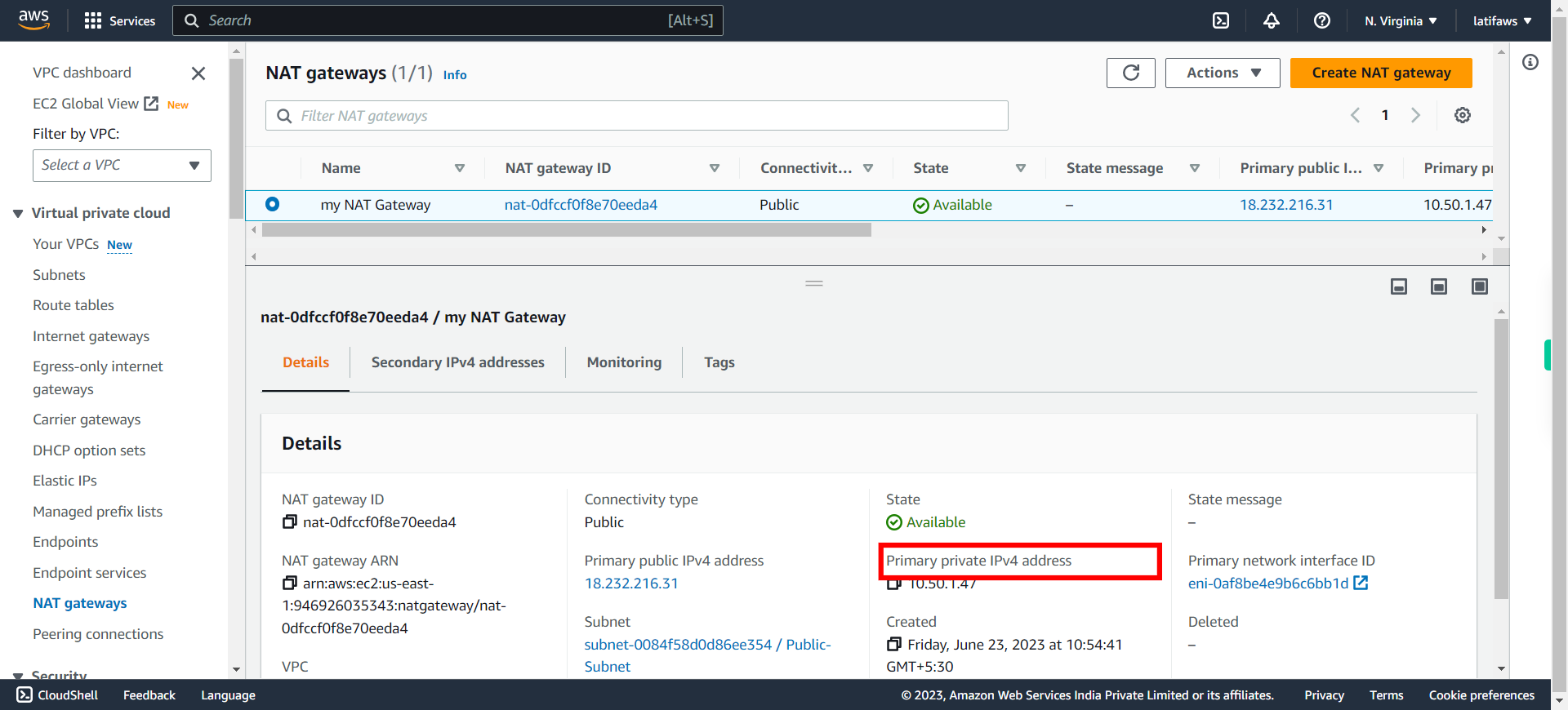 NAT gateways | VPC Management Console