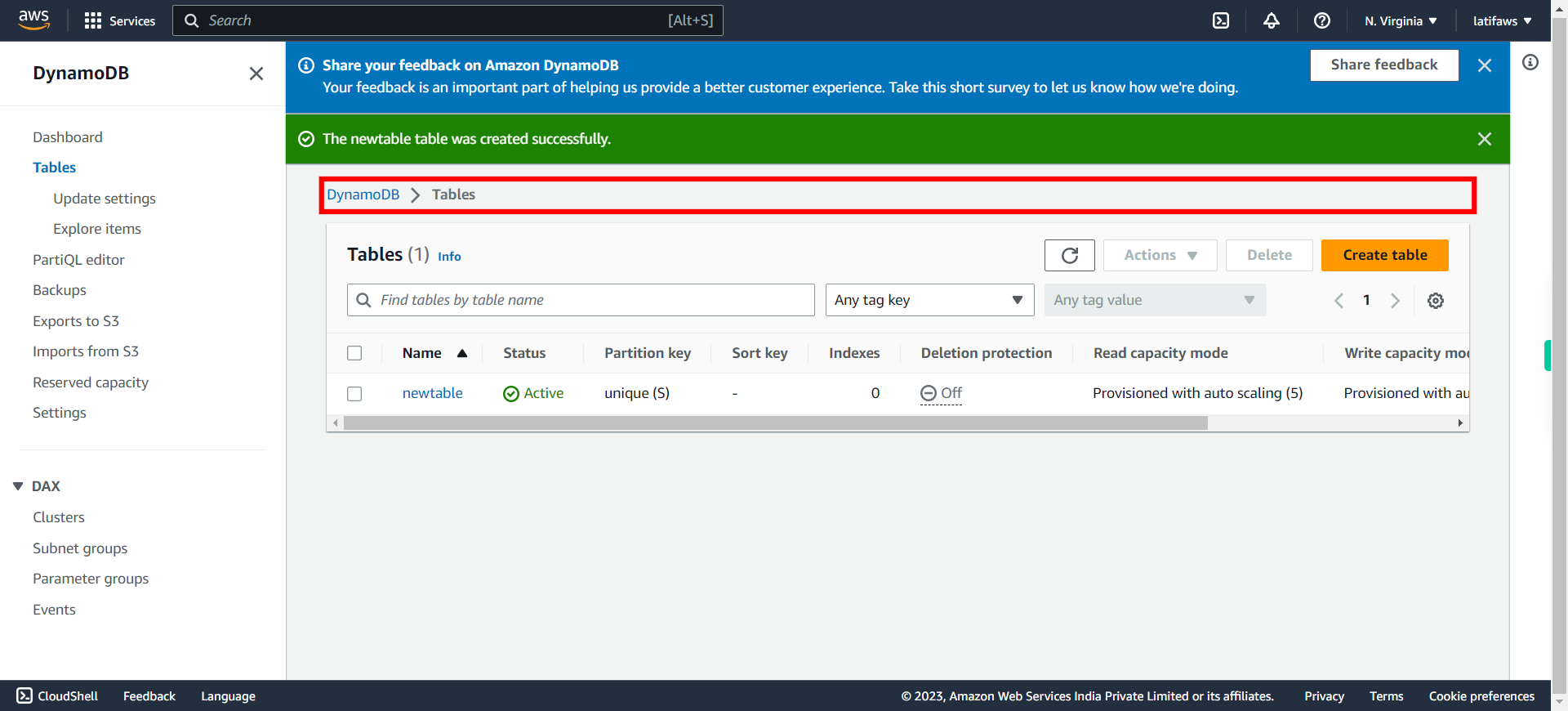 List tables | Amazon DynamoDB Management Console