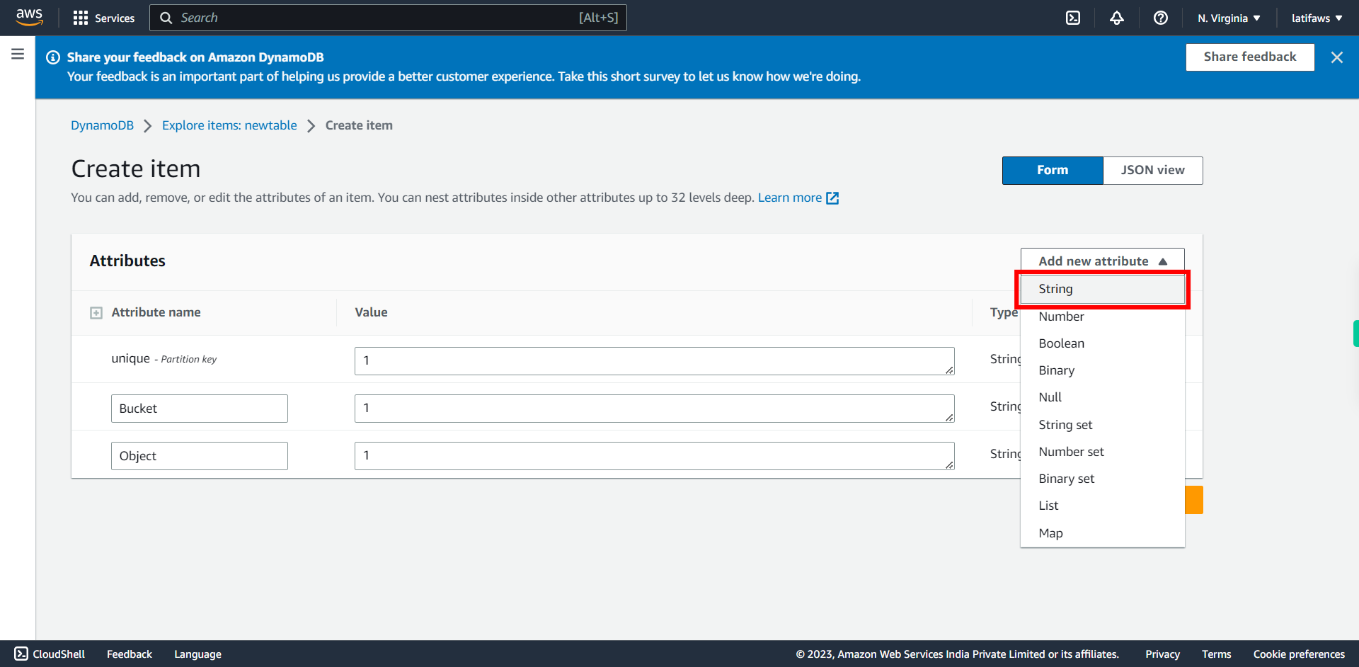 Create item | Amazon DynamoDB Management Console