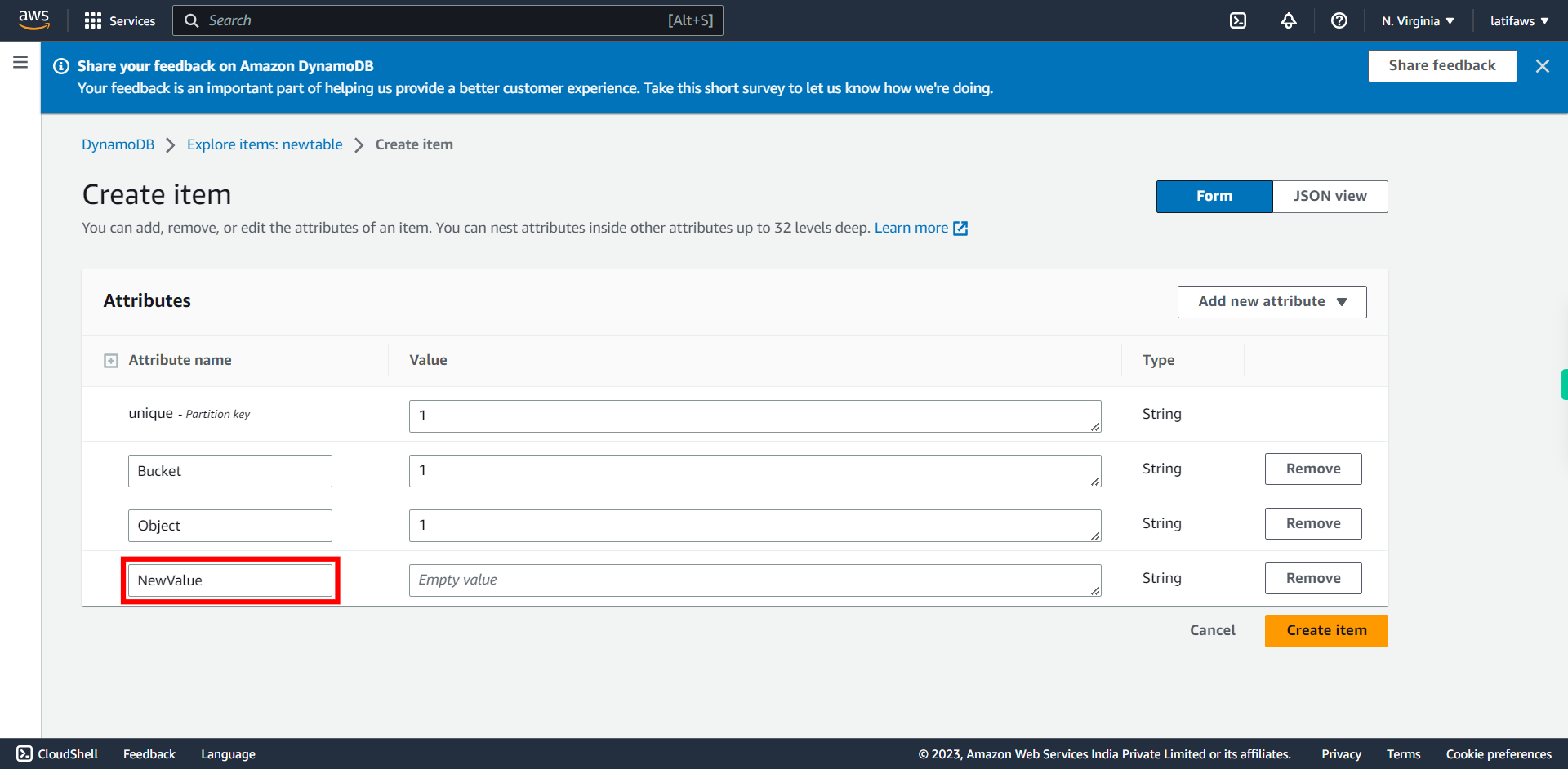 Create item | Amazon DynamoDB Management Console