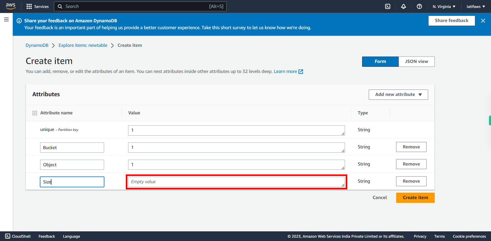 Create item | Amazon DynamoDB Management Console