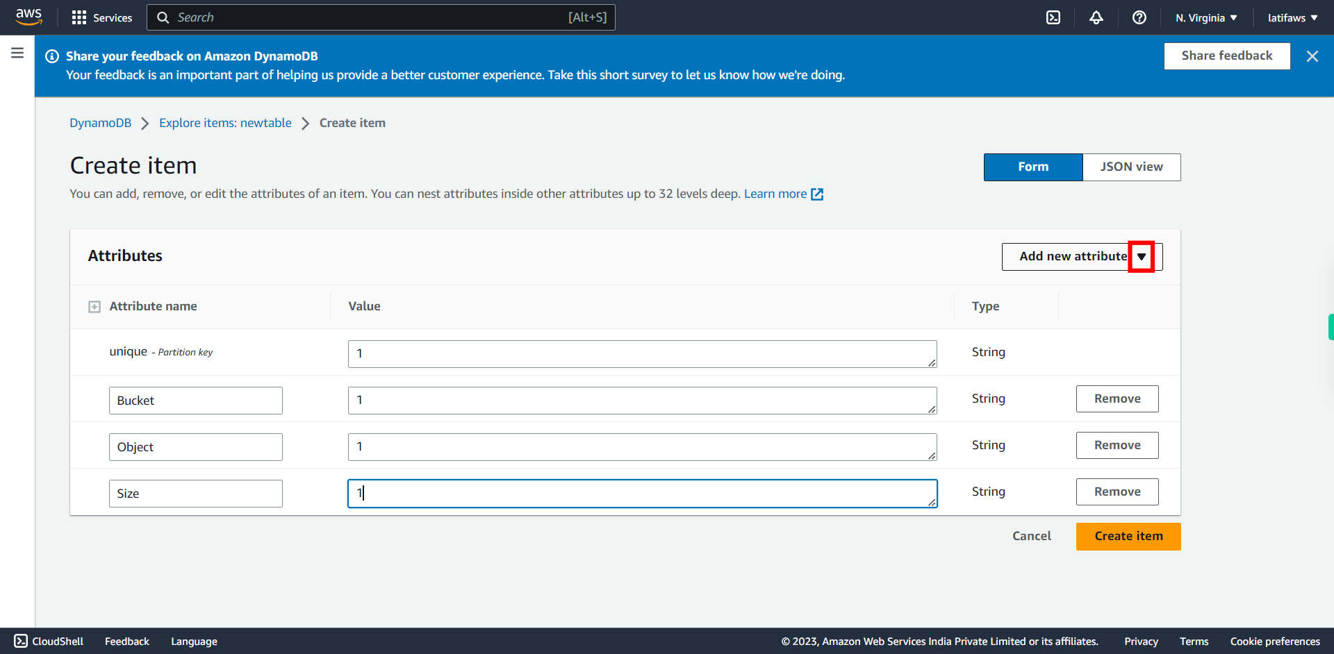 Create item | Amazon DynamoDB Management Console