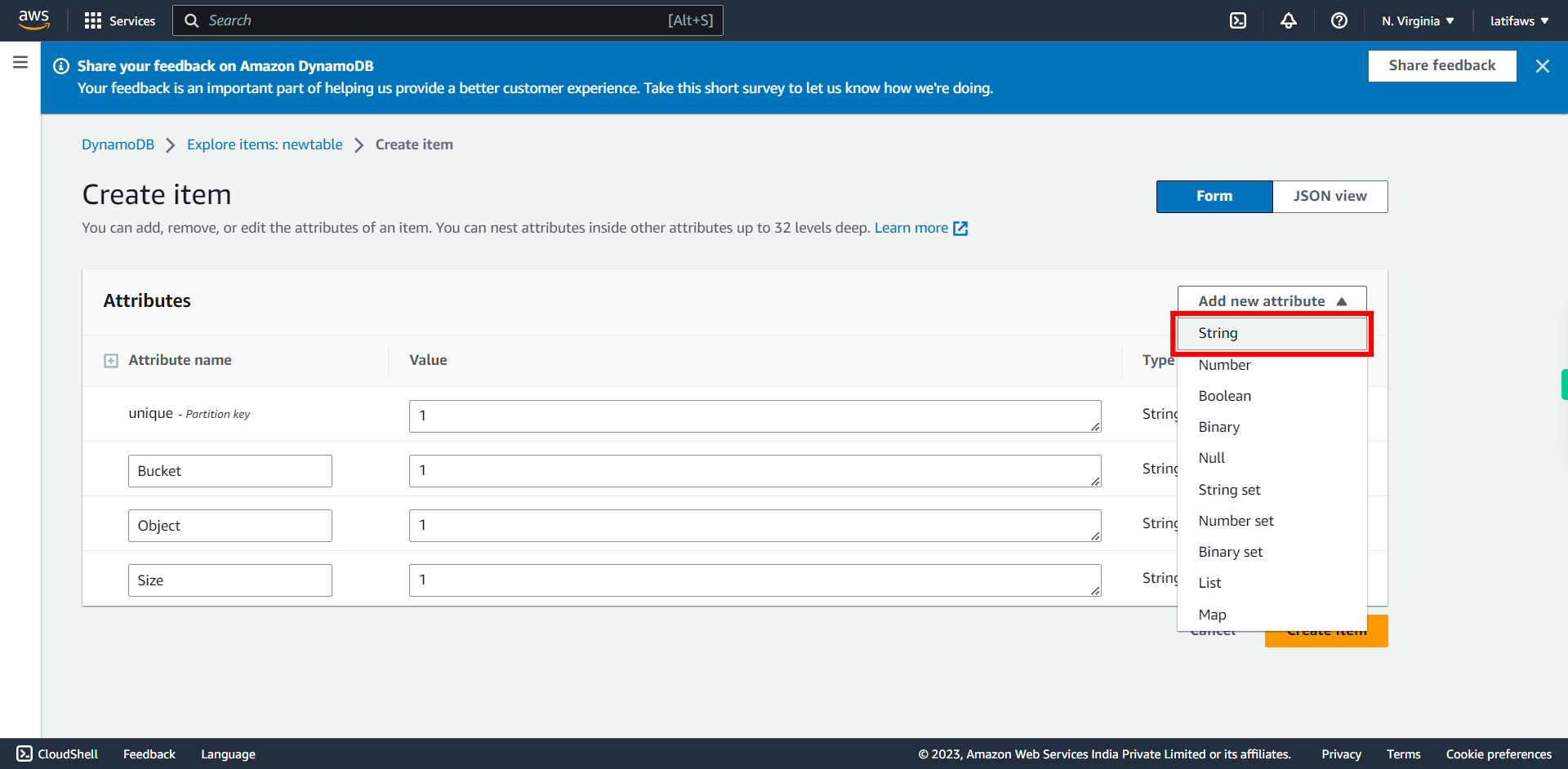 Create item | Amazon DynamoDB Management Console