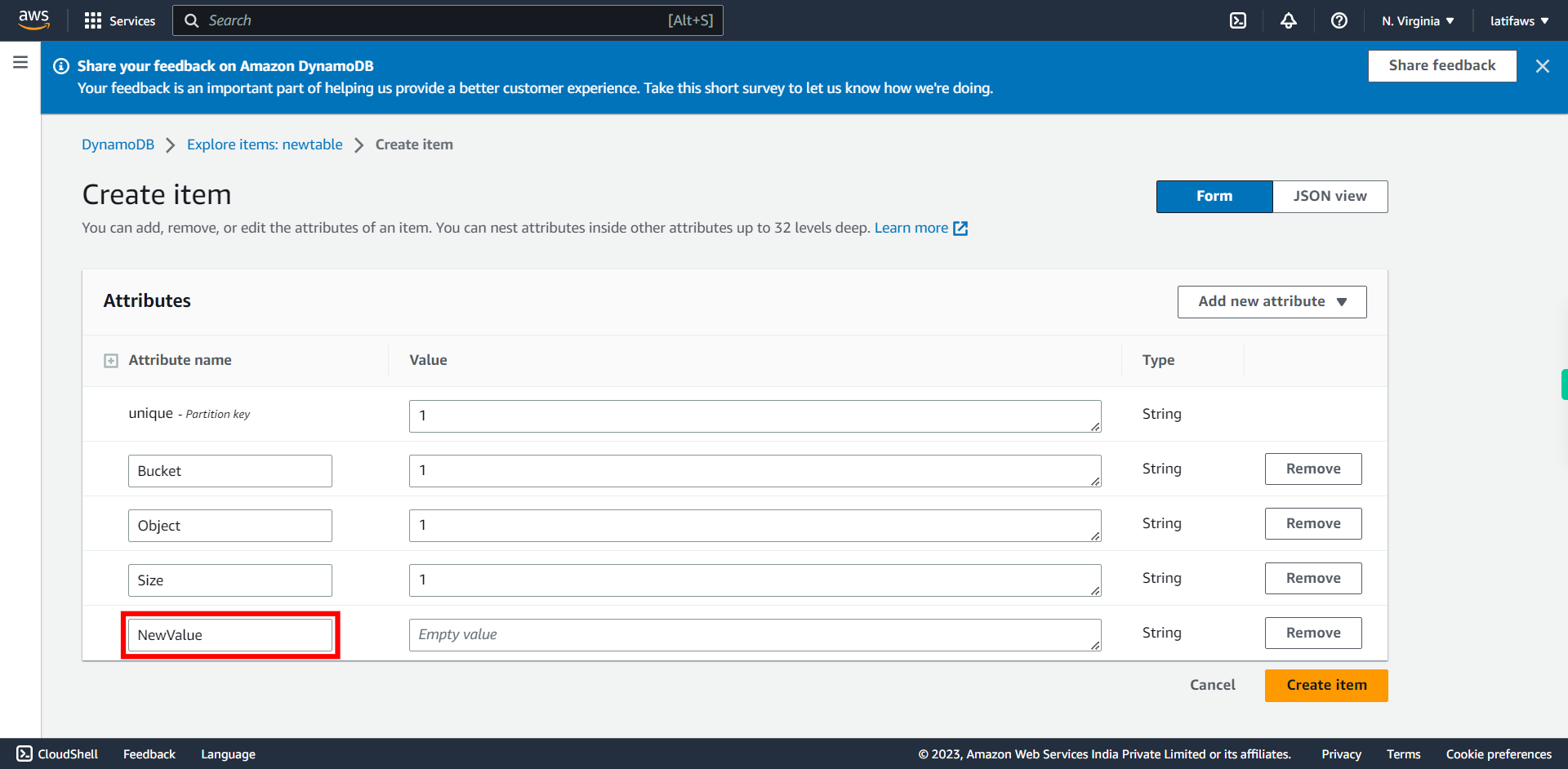 Create item | Amazon DynamoDB Management Console