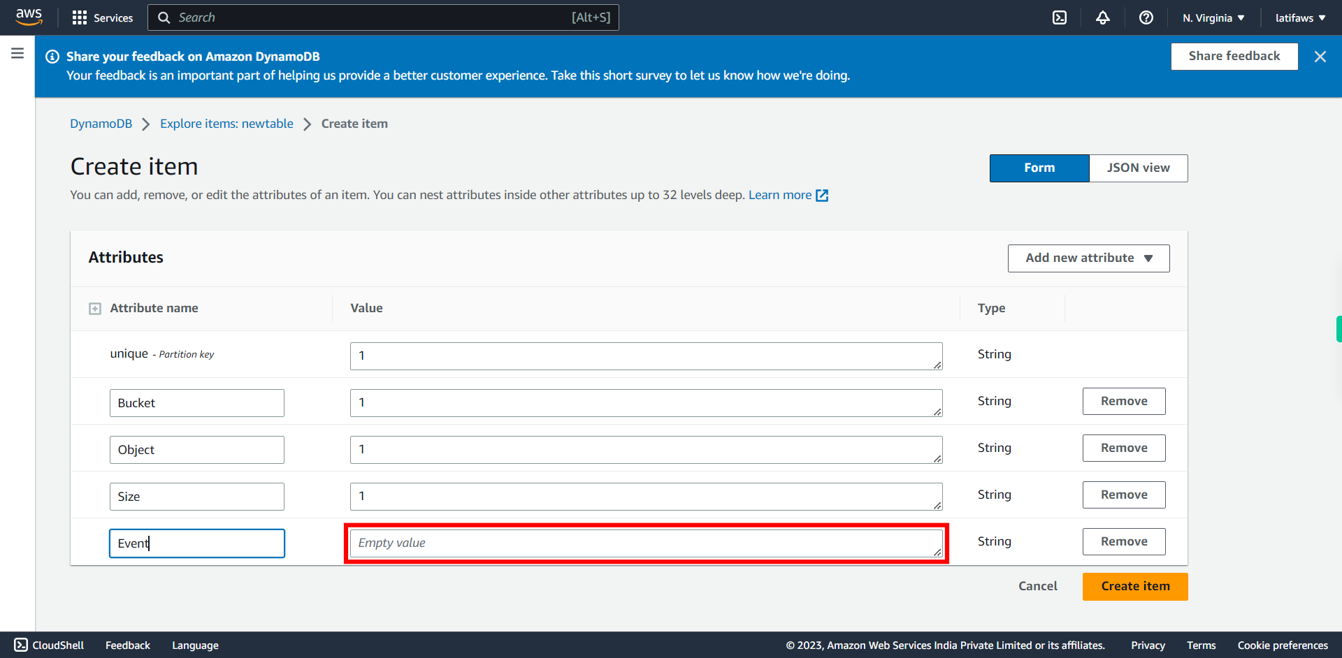 Create item | Amazon DynamoDB Management Console