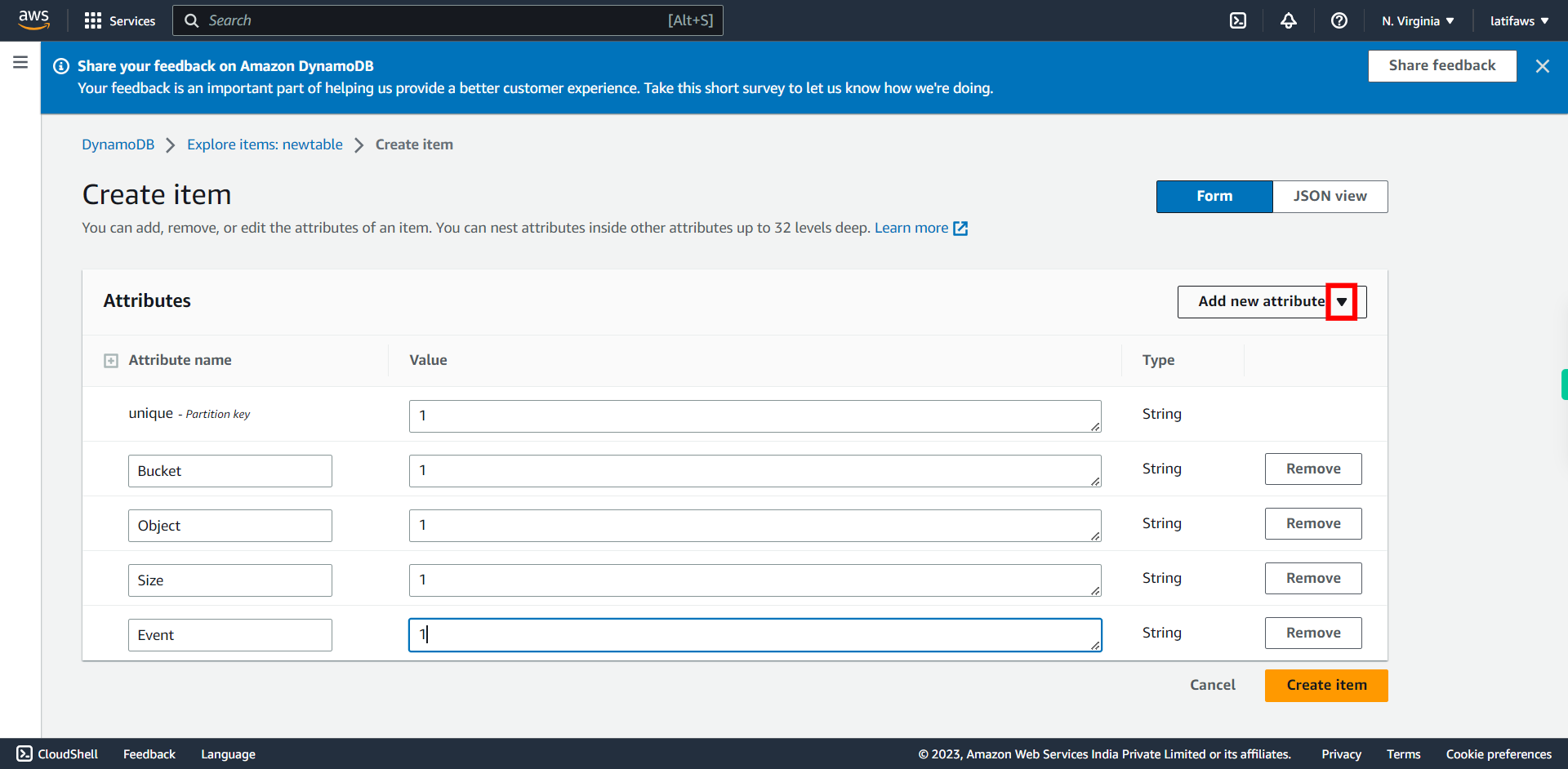 Create item | Amazon DynamoDB Management Console