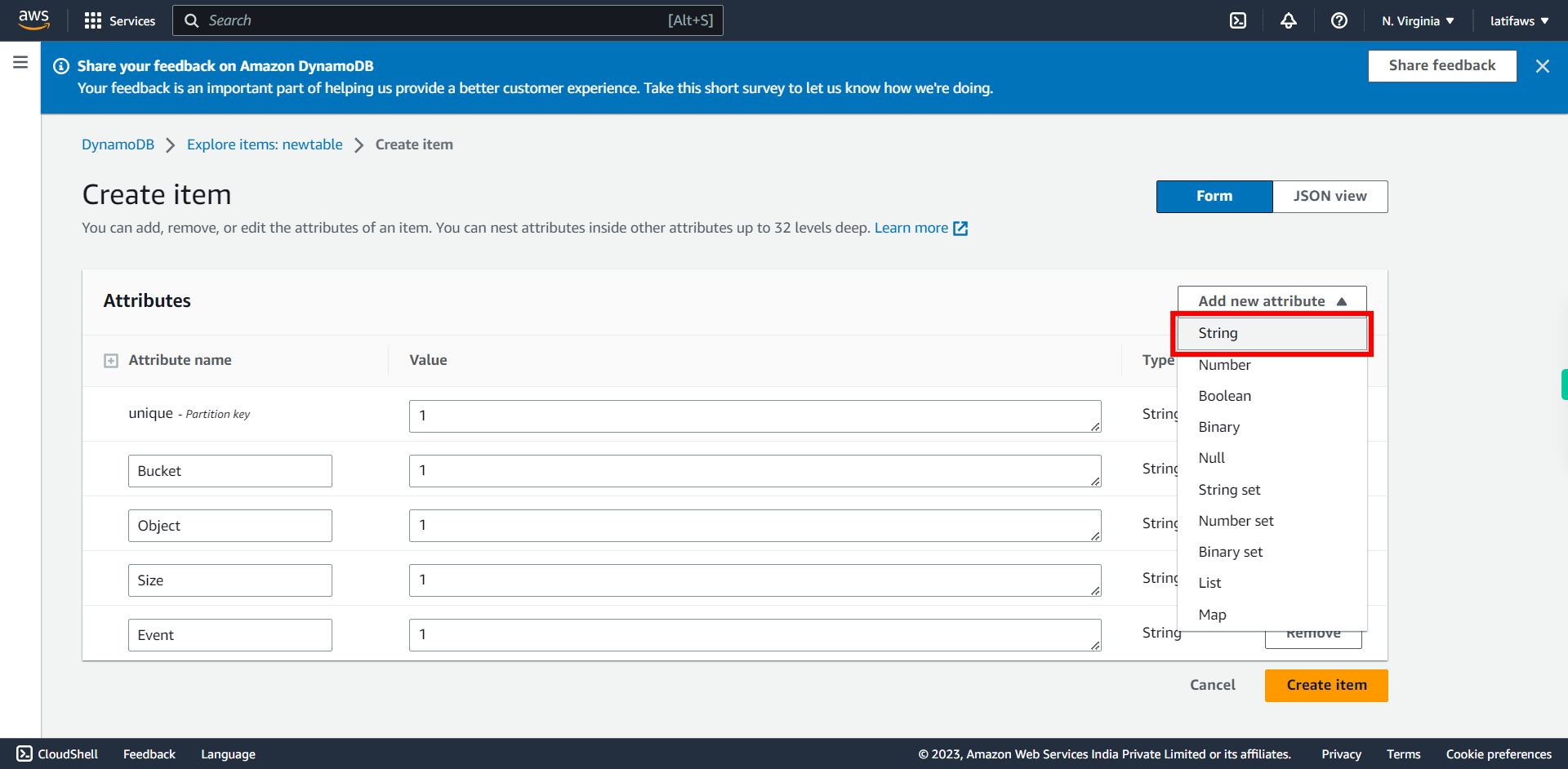 Create item | Amazon DynamoDB Management Console