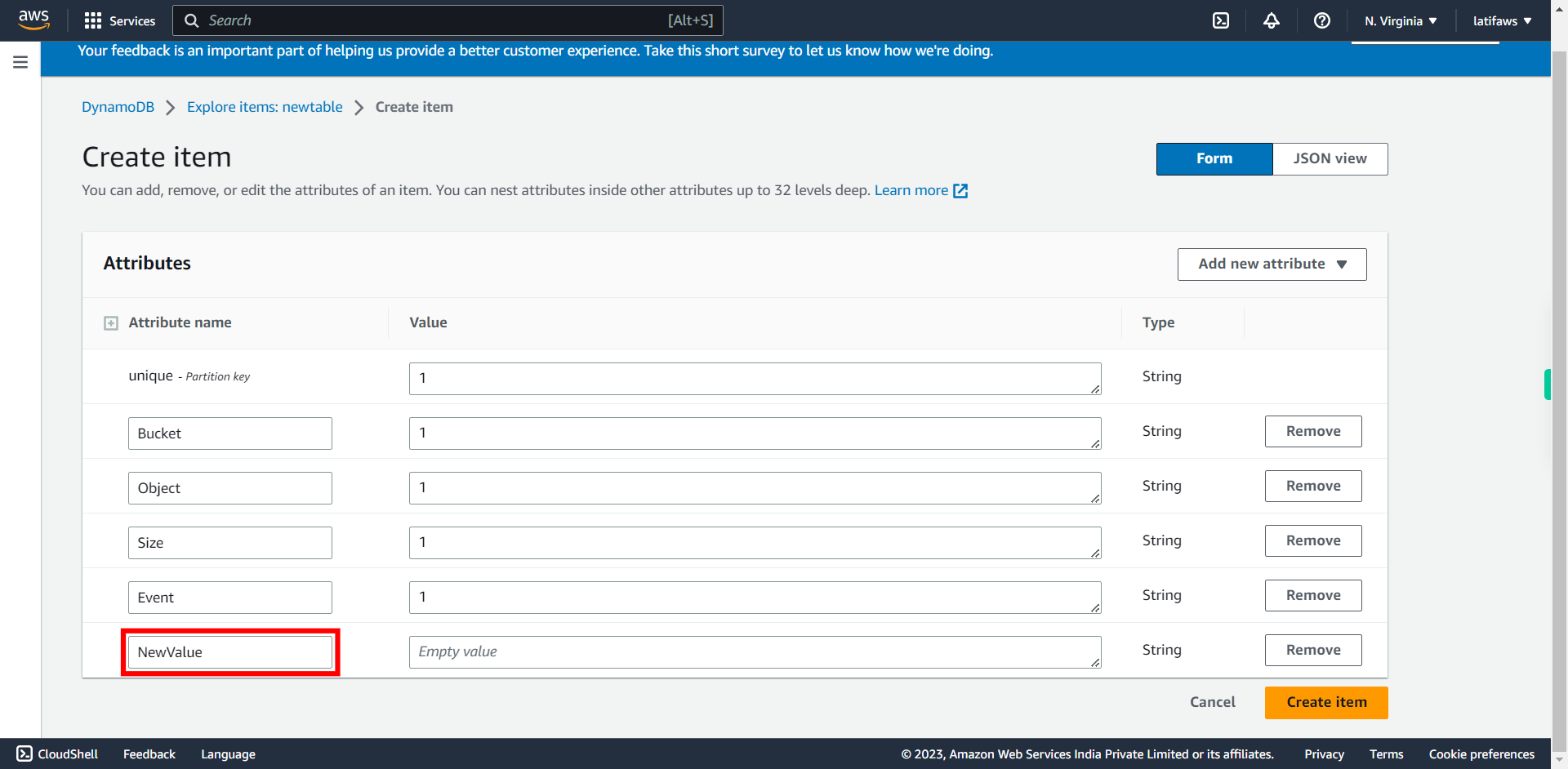 Create item | Amazon DynamoDB Management Console