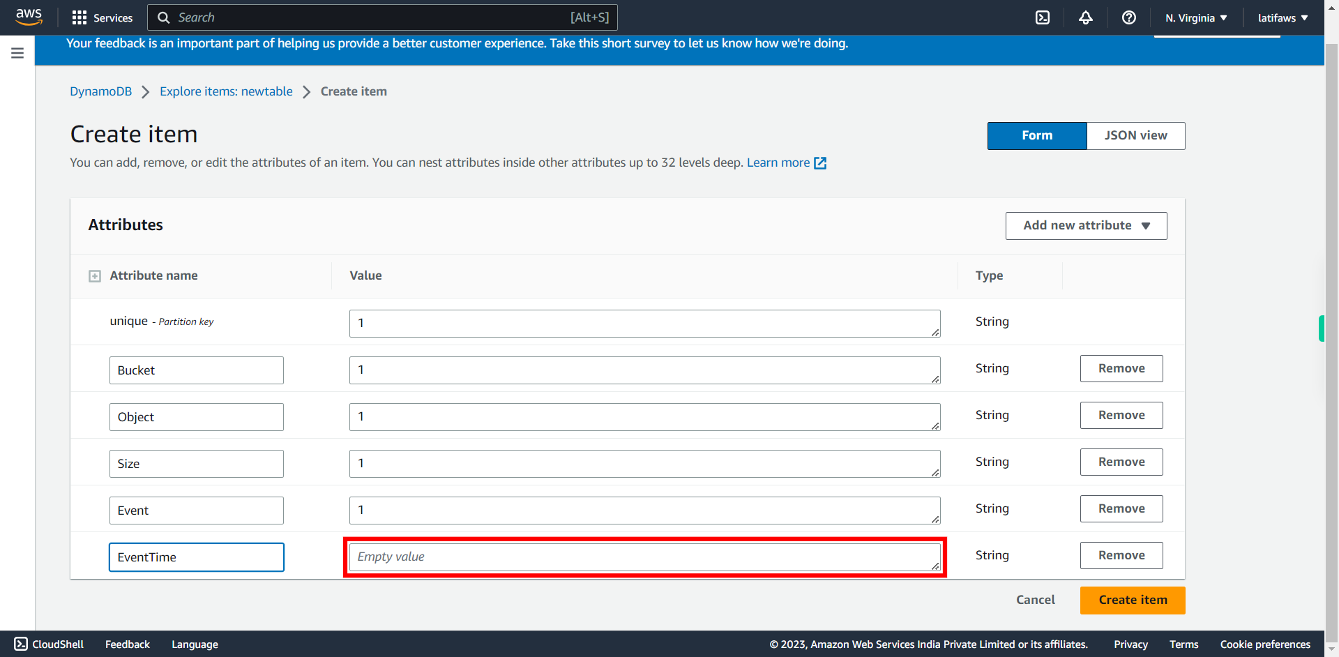 Create item | Amazon DynamoDB Management Console