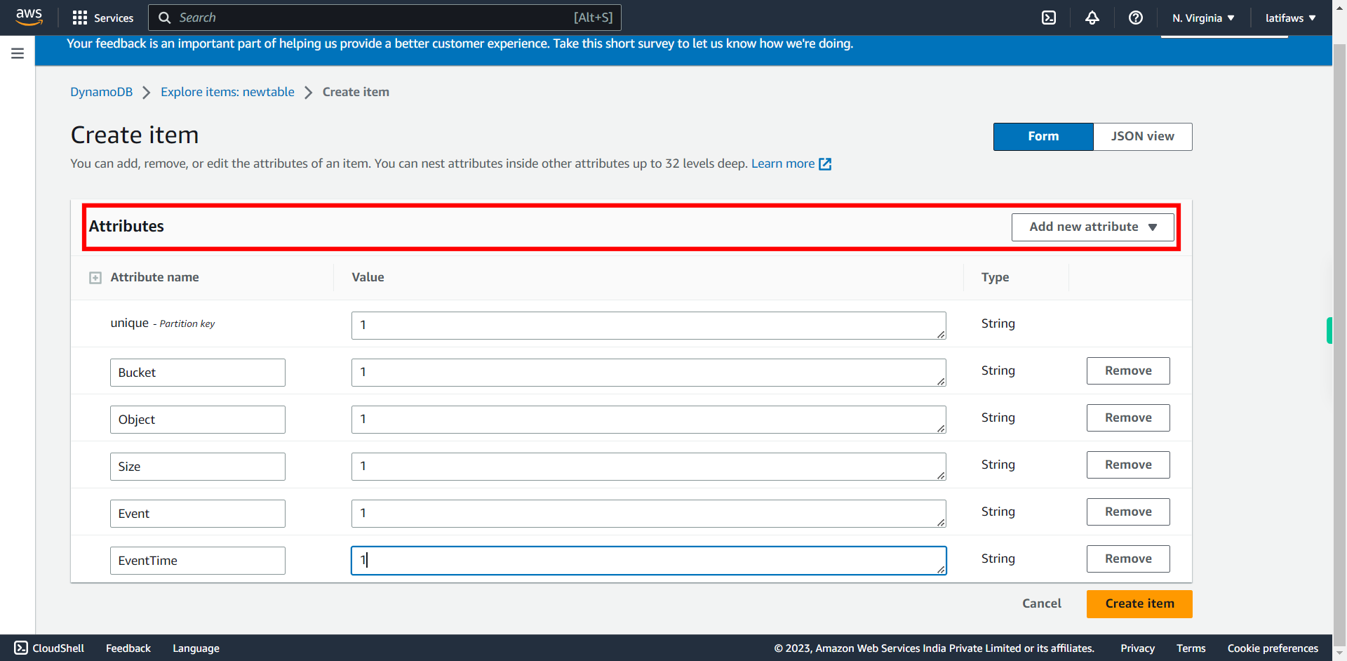 Create item | Amazon DynamoDB Management Console