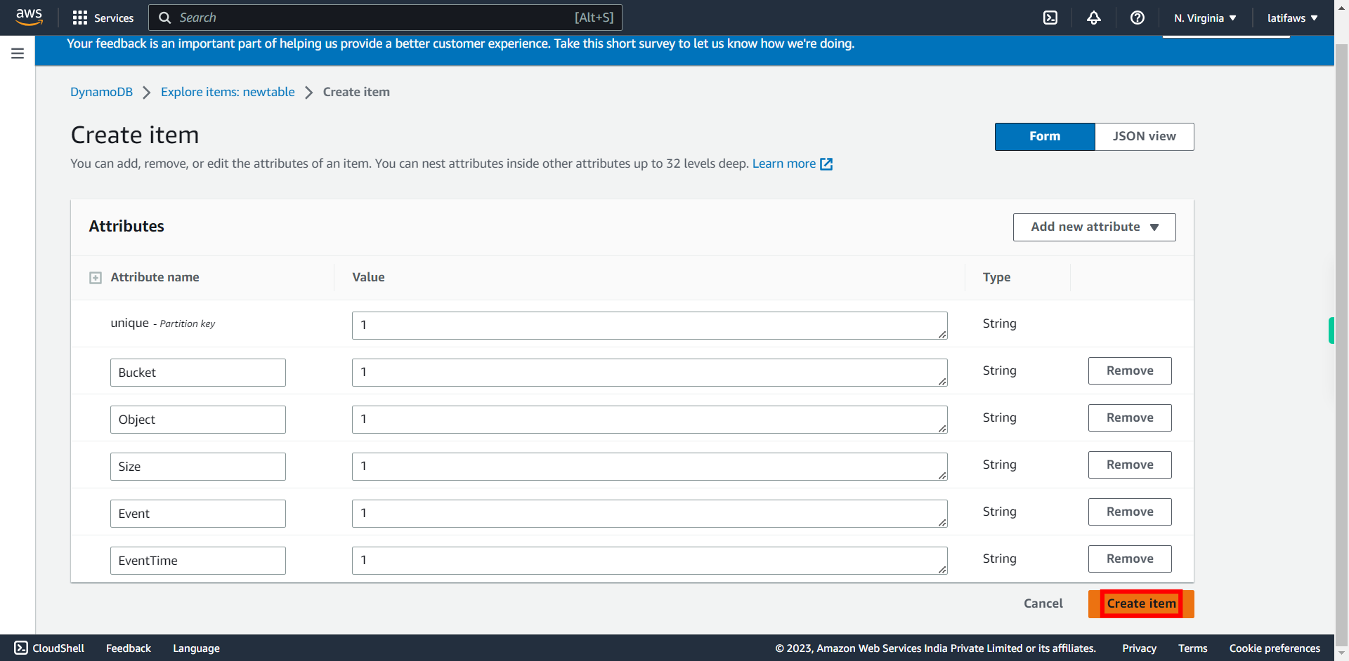 Create item | Amazon DynamoDB Management Console