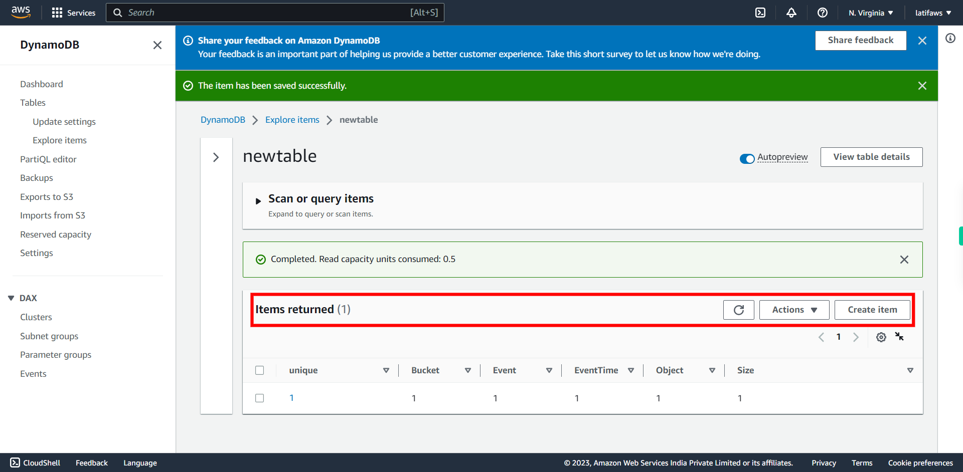 Items | Amazon DynamoDB Management Console