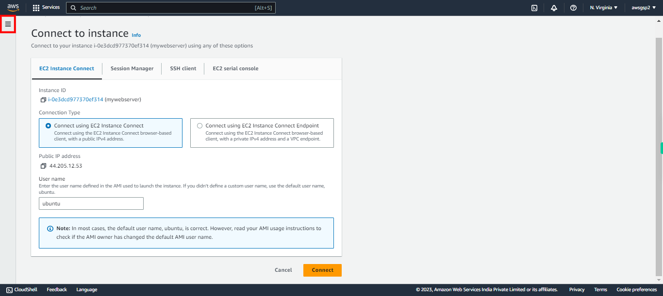 Connect to instance | EC2 Management Console