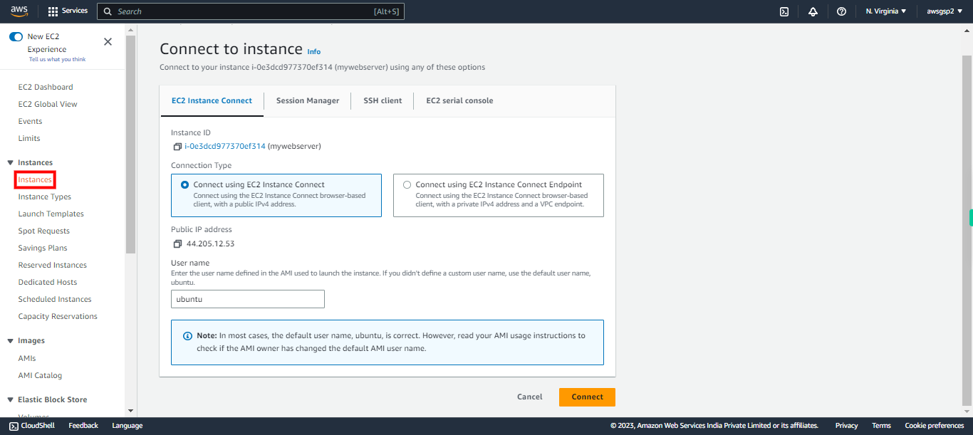 Connect to instance | EC2 Management Console