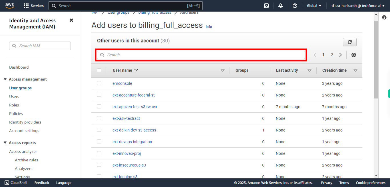 IAM > User groups > billing_full_access > Add users