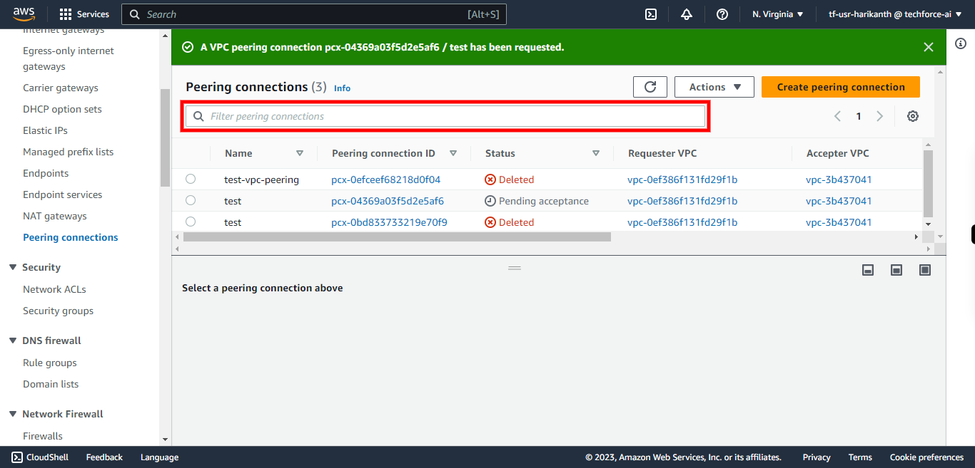 Peering connections | VPC Management Console