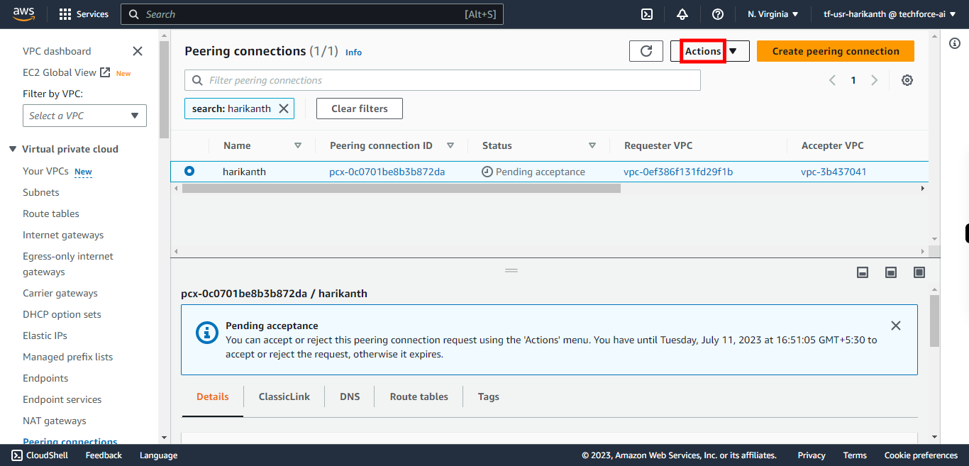 Peering connections | VPC Management Console