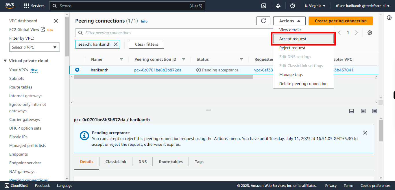 Peering connections | VPC Management Console