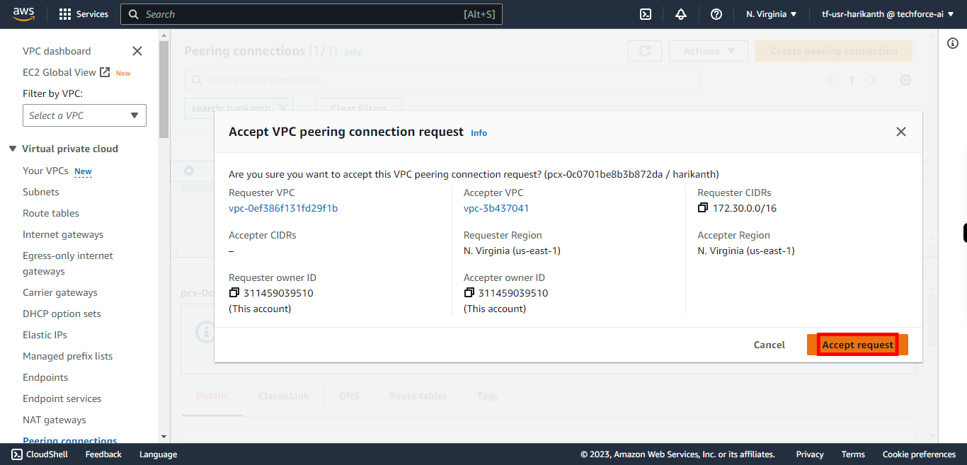 Peering connections | VPC Management Console