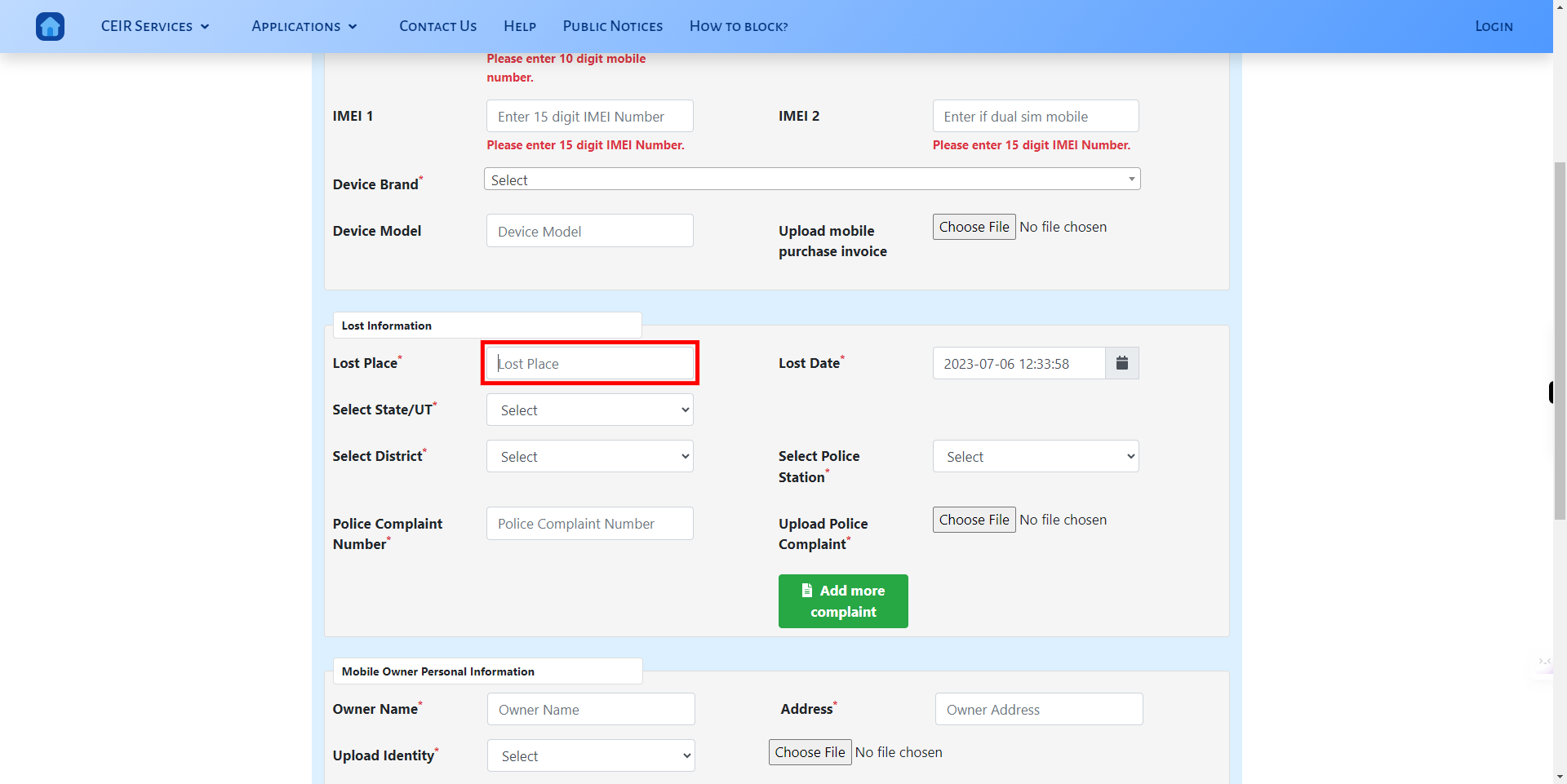 CEIR User Direct Request Blocking Form