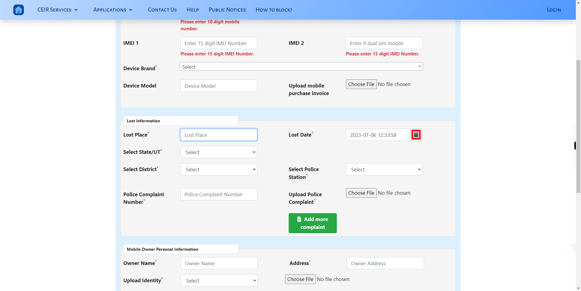 CEIR User Direct Request Blocking Form