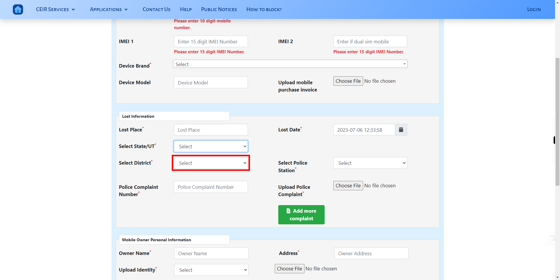 CEIR User Direct Request Blocking Form