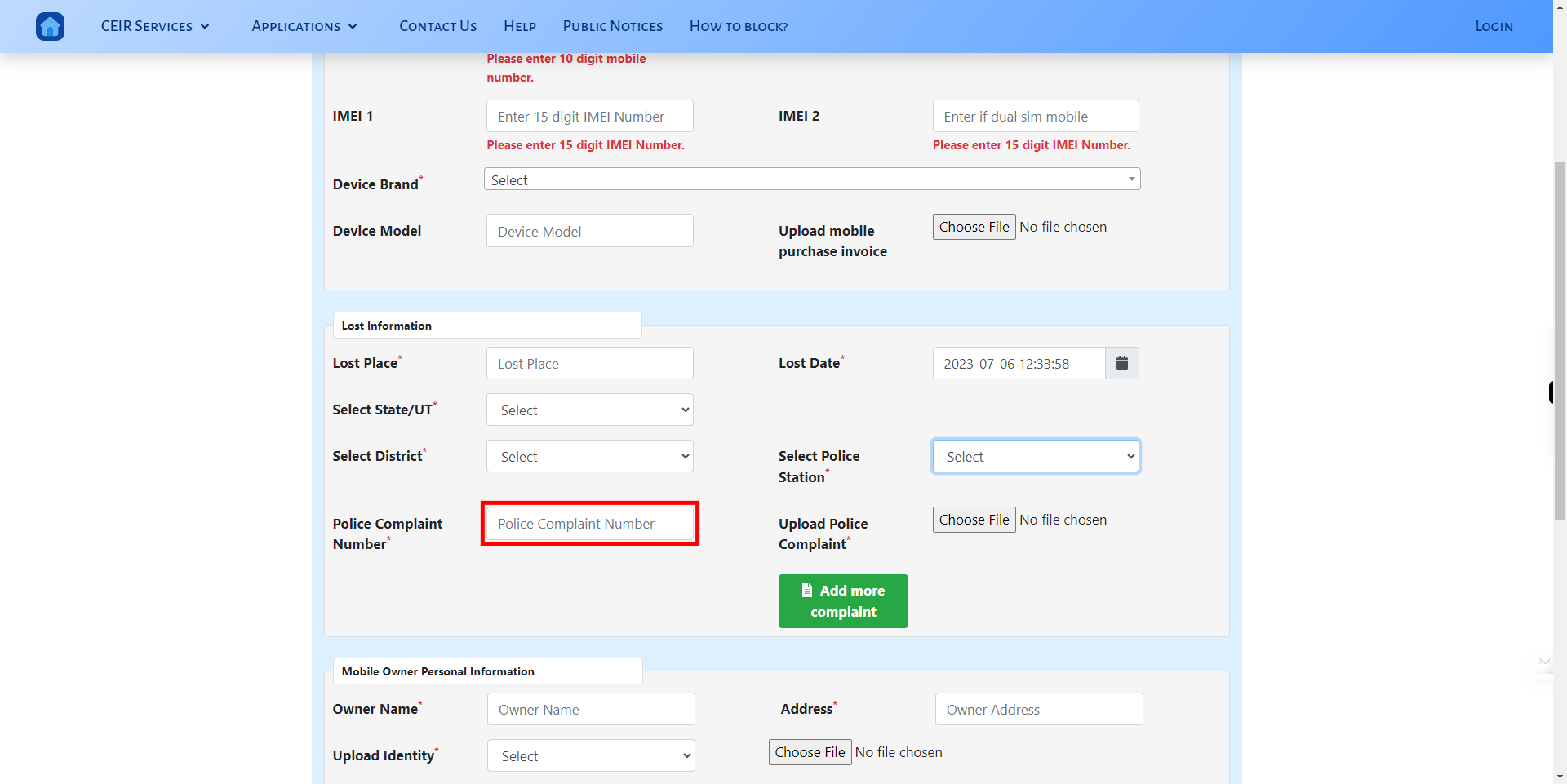 CEIR User Direct Request Blocking Form