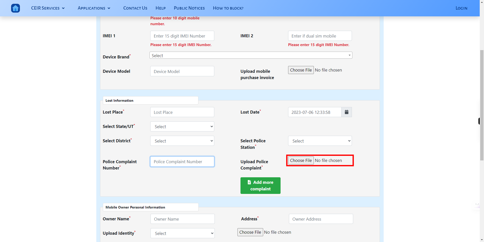 CEIR User Direct Request Blocking Form